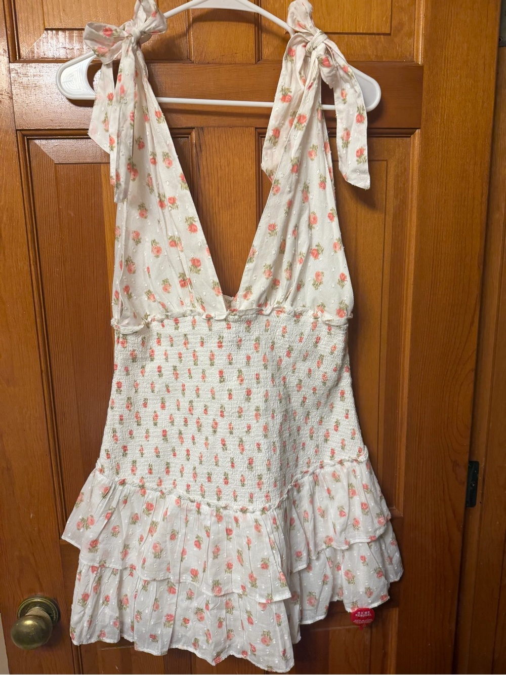 LoveShackFancy Cream Mini Dress with Pink Floral Print